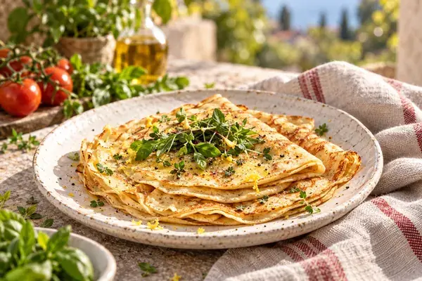 Crêpes piegate su un piatto di ceramica bianca con erbe fresche (immagine generata con AI).