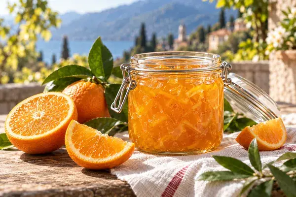 Vasetto aperto di marmellata di arance con fette di agrume accanto (immagine generata con AI).